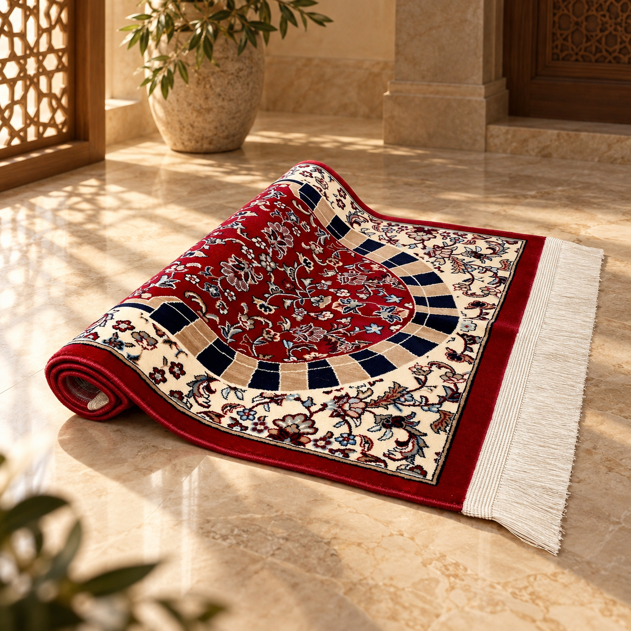 Al Rawda with Haram Arch Patterns Prayer Mat (Red) HM Traders