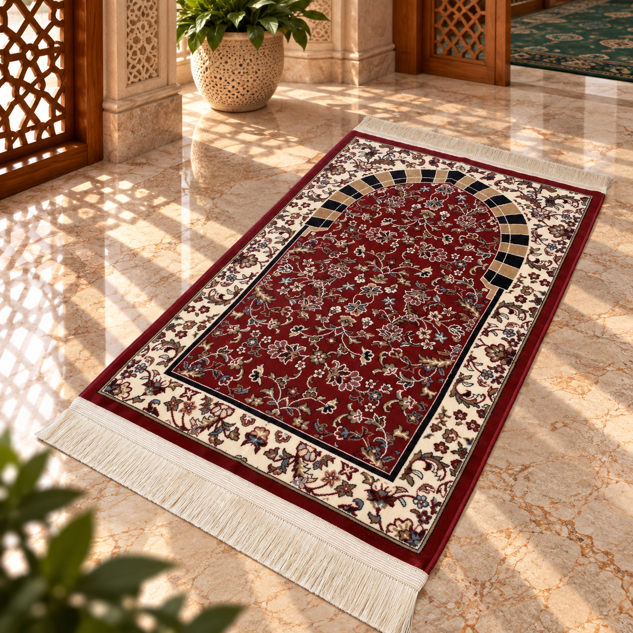 Al Rawda with Haram Arch Patterns Prayer Mat (Red) HM Traders